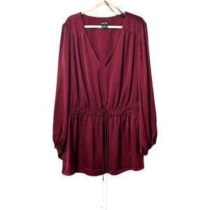 City Chic Burgundy V-Neck Drawstring Waist Bishop Sleeve Tunic Blouse XL 22